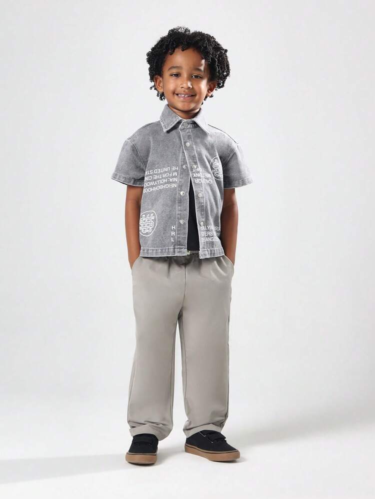 Grey Denim Button Down Shirt With Graphic Text Prints