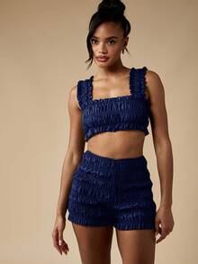 MISSGUIDED 褶皱夏季两件套服装荷叶边方领短款上衣高腰短裤节日度假海滩度假装派对套装 - 藍色 - 查看 3