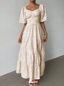 Elenzga Summer Short Sleeve Vacation Beach Music Festival Pink Floral Maxi Dress