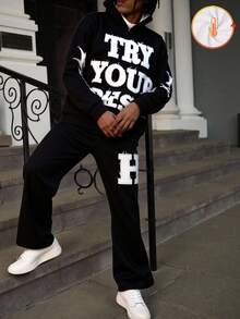 SHEIN 2 件装青少年男孩休闲运动街头时尚抓绒材质大字母图案连帽运动衫和喇叭裤套装适合儿童服装幼儿男孩服装返校男孩套装适合生日派对、晚会、表演、婚礼、洗礼、开幕式日常适合日常使用适合上学适合旅行适合运动适合秋冬季节 - 黑色 - 查看 9