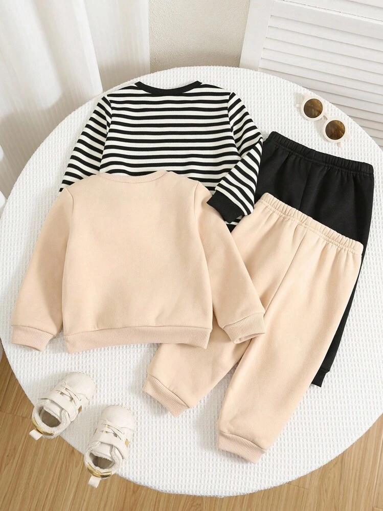 SHEIN 4pcs/Set Unisex Baby Boy & Baby Girl Cute Cartoon Print Long Sleeve Sweatshirt And Pants Set, Casual Autumn/Winter Clothes Fall - Multicolor - View 2