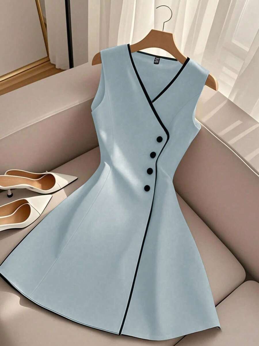 Selianne Váy chữ A không tay cổ chữ V thanh lịch mùa hè - Màu xanh lam - Xem 1