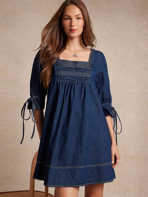 WESTFADE Pleated Square Neck Puff Bow Tie Sleeve 100% Cotton Denim Mini Shift Dress Back To School Cute Fall Clothes Summer Country Concert