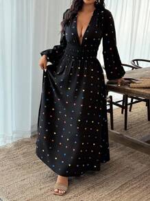 Weeklong Deep V-Neck Casual Sexy Slit Long Sleeve Plus Size Dress Fall Cloth For Women