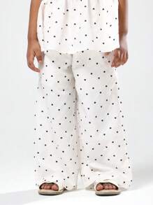 SUMWON 女孩心形印花飘袖上衣和阔腿裤套装夏季假日休闲装蝴蝶结细节弹性褶饰套装 - 杏色 - 查看 4