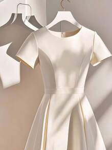 Franclia Elegant Minimalist Round Neck Patchwork Ruched Midi Dress For Women - Apricot - View 3