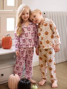 2pcs/Set Young Girl' Purple Pumpkin Lantern & Star Print Long Sleeve Cardigan And Pants Pajama Set,Cute Halloween Purple Pumpkin Pattern - Purple - View 8