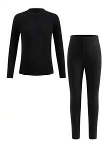 SHEIN 2 Pieces Tween Boy Casual Solid Color Warm Middle Collar Long Sleeve Shirt And Long Pants Underwear Set Suitable For Home Base Warm Clothes For Autumn And Winter