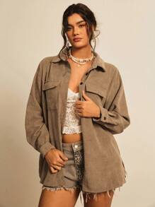 SHEIN LUNE Plus Size Women's Solid Color Long Sleeve Single Breasted Jacket, Autumn Winter Fall - Mocha Brown - View 3