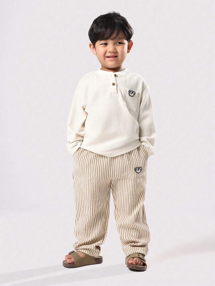 Waffle Knit Henley With Striped Pants Set