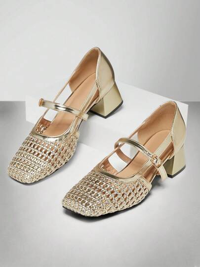 SHUZIA Ladies Crochet Raffia Mary Jane Pump For Christmas Valentine's Day