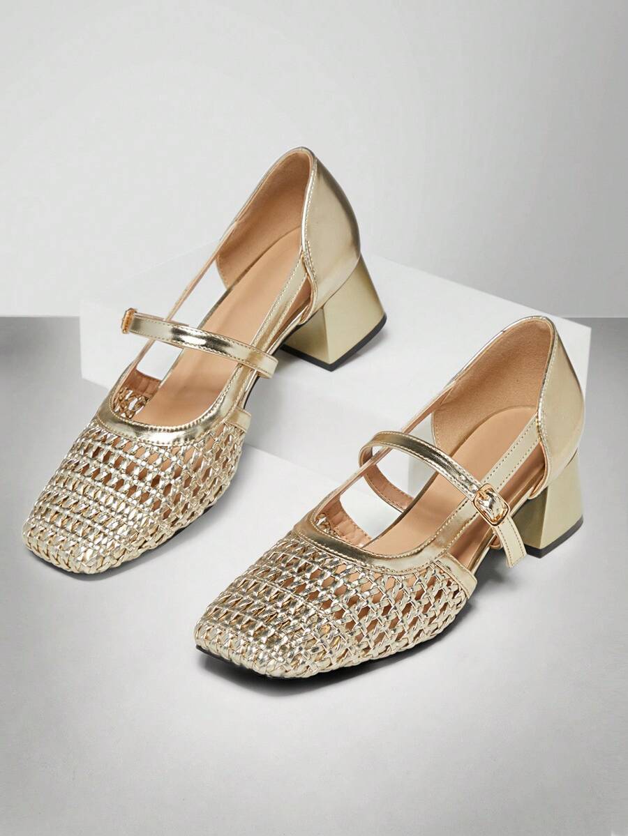 SHUZIA Ladies Crochet Raffia Mary Jane Pump For Christmas Valentine's Day - Gold - View 1