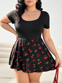 Solflare Plus Size Cherry-Patchwork Ruffle Hem Jumpsuit, Casual And Fashionable For Everyday Wear - Black - View 5