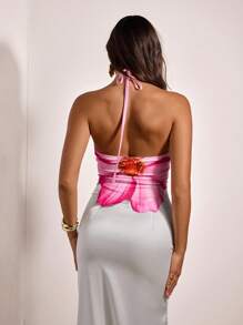 Opulessa Top aderente da donna con stampa floreale, schiena scoperta e lacci al collo, top a fiori rosa, top con stampa floreale, adatto per costumi di Ognissanti, stile fairycore, casual elegante, sexy per feste, serate, matrimoni, autunno chic, uscite, Festa Nazionale, Capodanno, eventi eleganti, laurea, ballo di fine anno, lussuoso per serate, top a fiori con collo a canottiera