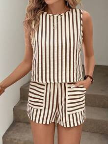 Easowa Women's Casual Striped Sleeveless Top And Pants 2 Pieces Set, Suitable For Summer Daily Wear