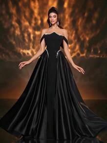 Glamrae 优雅的黑色针织拼布缎面光泽不对称抹胸巴斯克腰部碰撞白色奢华串珠丝带超喇叭 A 字裙，配有可调节系带，适合约会、单身派对、婚礼、活动、度假、返校、正式场合 - 黑色 - 查看 2