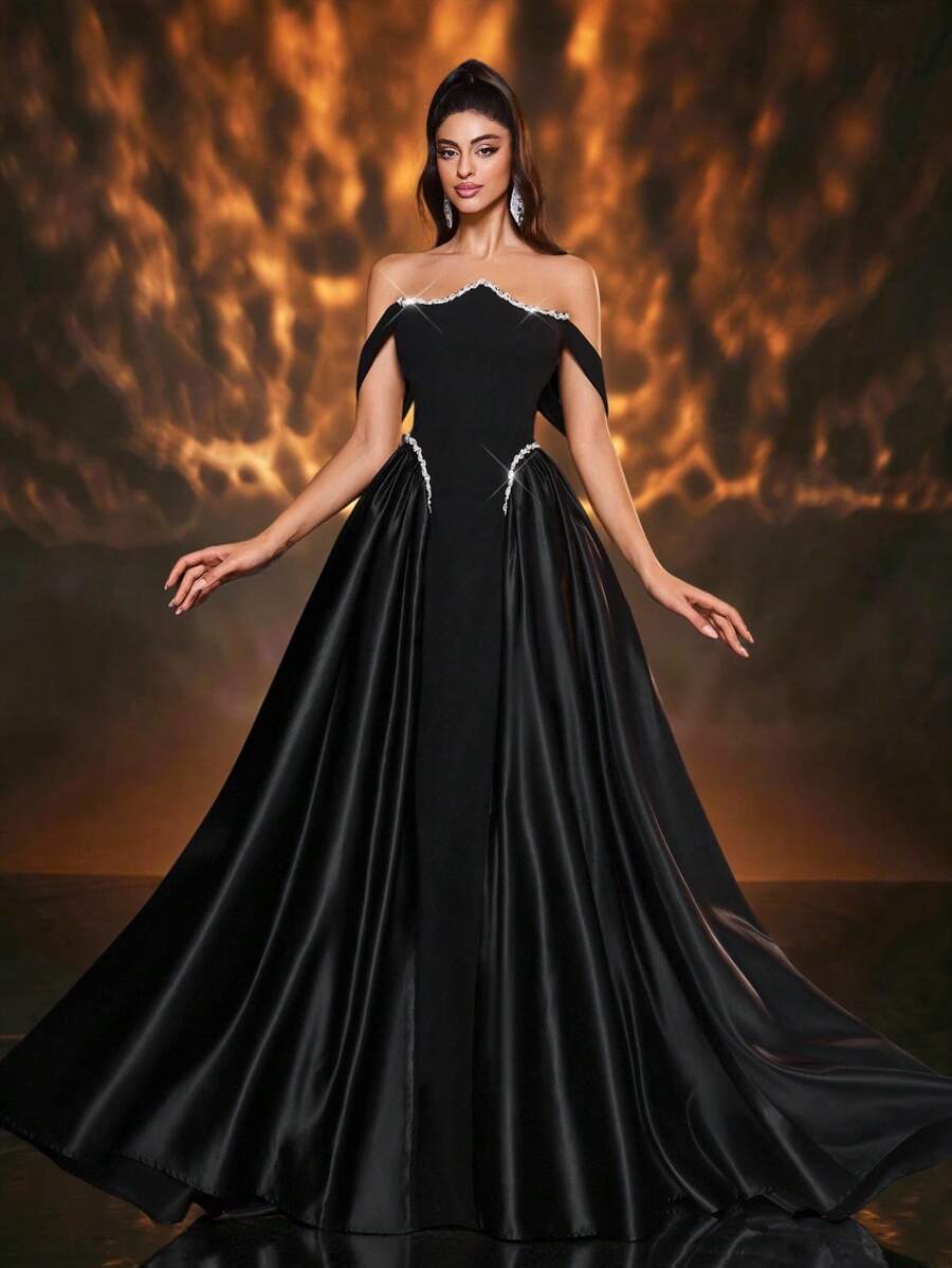 Glamrae 优雅的黑色针织拼布缎面光泽不对称抹胸巴斯克腰部碰撞白色奢华串珠丝带超喇叭 A 字裙，配有可调节系带，适合约会、单身派对、婚礼、活动、度假、返校、正式场合