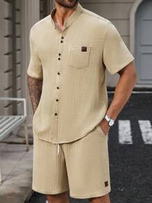 Manfinity Homme Conjunto de camisa casual de verano de manga corta raglán de unicolor y tela texturizada para hombres de talla grande - Caqui - Ver 3