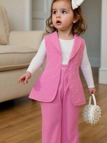 3 件女童套装：白色长袖圆领 T 恤 + 串珠粉色背心 + 宽松松紧腰阔腿裤，适合日常、通勤、休闲装、返校季、所有季节 - 粉色 - 查看 2