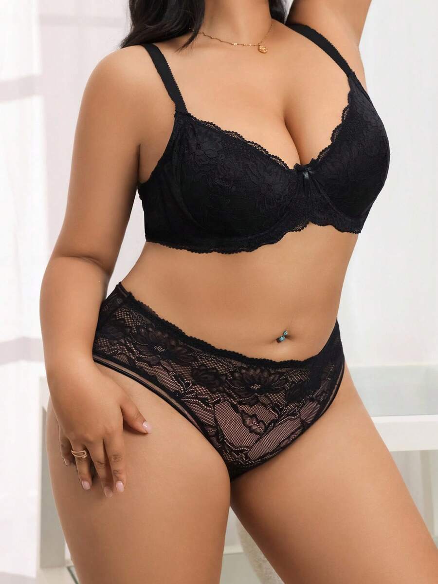 SHEIN Bộ đồ lót ren hoa gợi cảm ôm sát toàn thân cỡ lớn cho nữ - màu đen - Xem 1