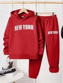 SHEIN 2 件套青少年男孩字母印花运动衫和运动裤套装，休闲运动服，羊毛，加厚 - 紅色 - 查看 1