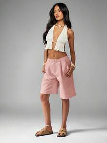 MISSGUIDED 量身定制的亚麻百慕大短裤，高腰阔腿，夏季海滩散步口袋，轻盈及膝，女士休闲度假装 - 藕粉色 - 查看 6