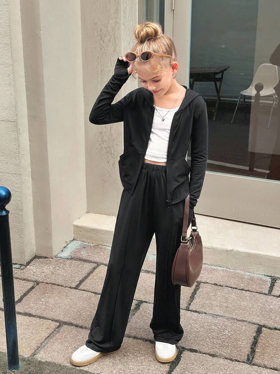 SHEIN Tween 女童纯黑色拉链连帽衫上衣夹克和阔腿裤两件套,适合春秋季休闲装和日常穿着 - 黑色 - 查看 1