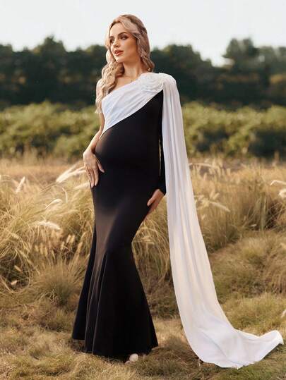 Cheriluna Maternity 花卉装饰拼色不对称肩长袖孕妇装，适合圣诞派对、优雅派对、迎婴派对