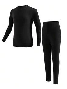 SHEIN 2 Pieces Tween Boy Casual Solid Color Warm Middle Collar Long Sleeve Shirt And Long Pants Underwear Set Suitable For Home Base Warm Clothes For Autumn And Winter