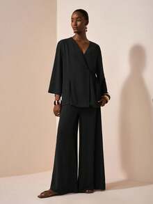 Zivah 2025 年夏季新品音乐节和毕业休闲装，学院风学生日常穿着，度假海滩日光浴街头装，棕色纹理亚麻面料，和服风格腰带衬衫和阔腿裤两件套女士西装套装女士黑色阔腿裤套装，秋季 - 黑色 - 查看 4