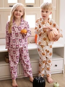 2pcs/Set Young Girl' Purple Pumpkin Lantern & Star Print Long Sleeve Cardigan And Pants Pajama Set,Cute Halloween Purple Pumpkin Pattern - Purple - View 1