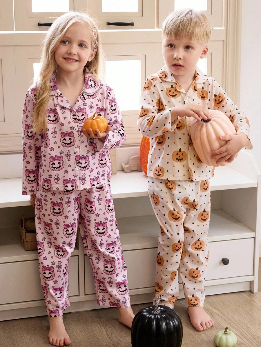 2pcs/Set Young Girl' Purple Pumpkin Lantern & Star Print Long Sleeve Cardigan And Pants Pajama Set,Cute Halloween Purple Pumpkin Pattern - Purple - View 1