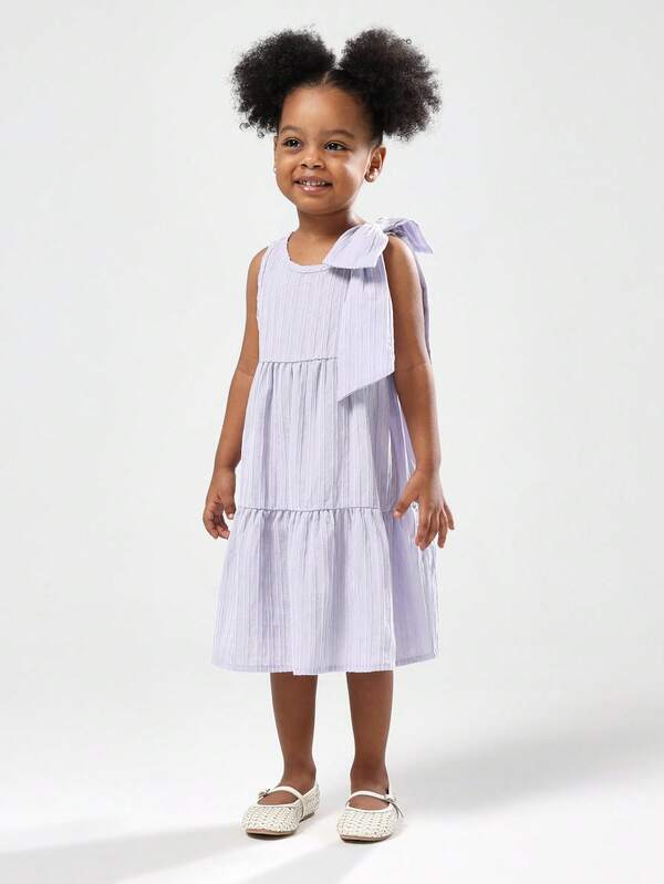 SUMWON Little Girls Summer Textured Tiered Party Dress Empire Waist Shoulder Tie Flutter Ruffle Midi Wedding Guest Casual Easter Spring