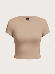 SHEIN EZwear 4 件套深棕色、卡其色、米色、白色休闲圆领短袖修身女式 T 恤，适合夏季 - 彩色 - 查看 5