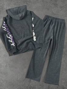 SHEIN 2pcs Set Teen Boy's Graffiti Pattern Hooded Sweater And Flared Trousers,Autumn,Street Life Casual Graphic Street Fashion Tracksuit Set For School - Grey - View 2