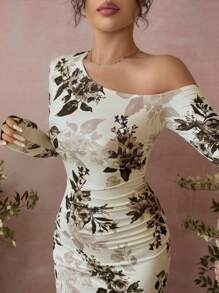 Vestido de manga larga ajustado con hombro oblicuo y estampado floral para mujer - Multicolor - Ver 4