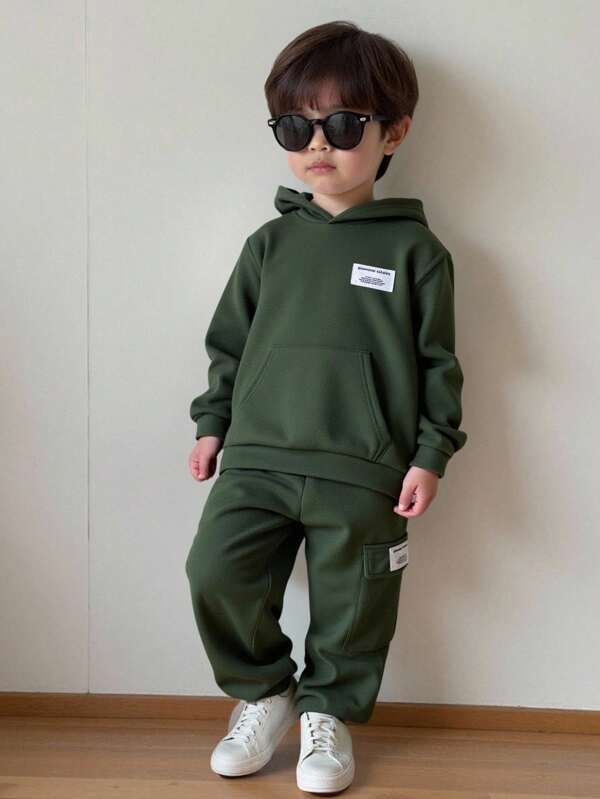 SHEIN 2 Pieces Young Boys Casual College Comfortable Fashion Simple Practical All-Match Knitted Hoodie And Overalls Pocket Pants Set Kids Outfits
