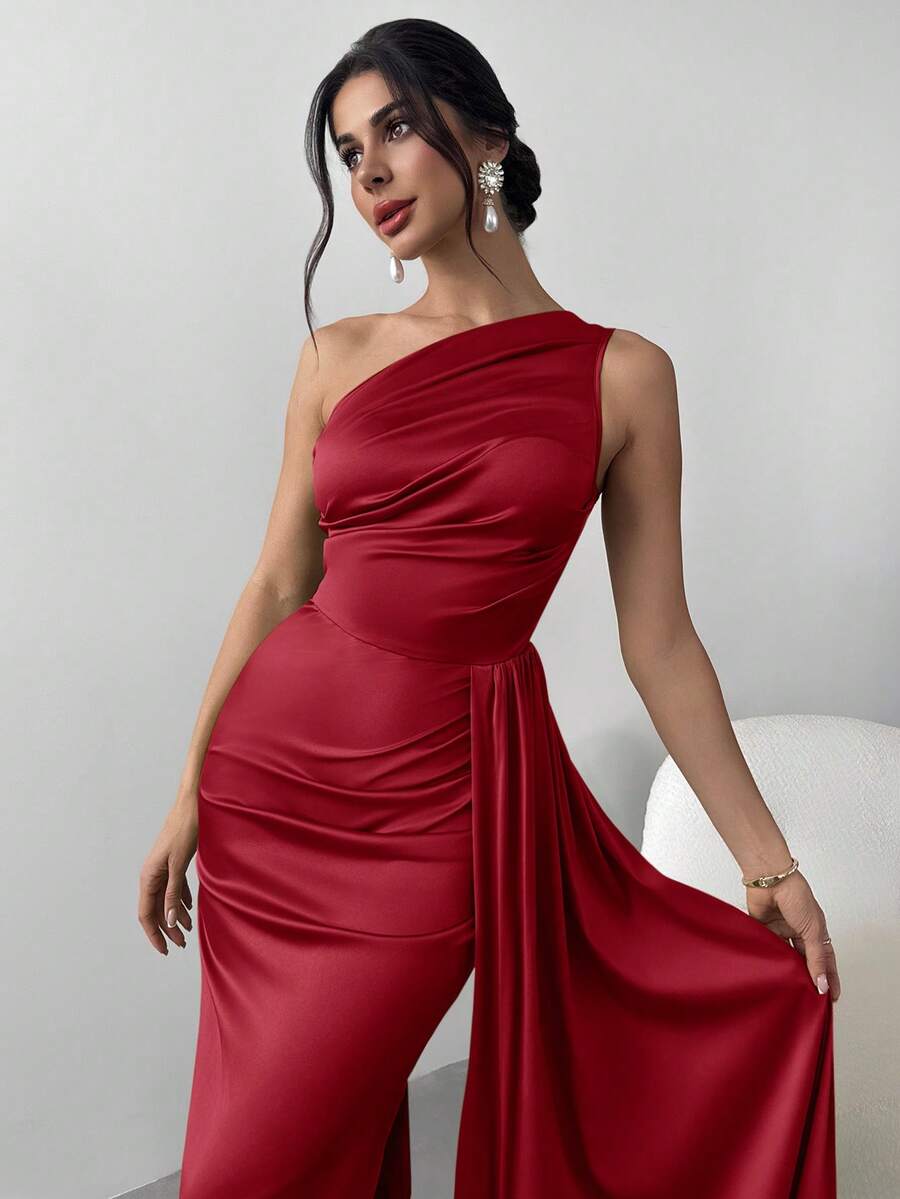 Firerie 女式褶饰荷叶边单肩褶饰连衣裙，适合派对、舞会、晚礼服、优雅、宴会、约会之夜、性感、鸡尾酒会、毕业典礼 - 酒紅色 - 查看 1