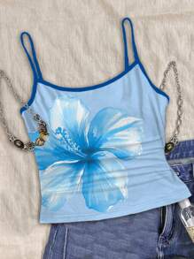 SHEIN Leap Crew 少女法式蓝天使雕像花卉水彩蓝色贝壳图案撞色吊带背心，复古风，休闲度假风，可爱，Y2K椰子波西米亚风，春假早午餐必备，浅蓝色旅行霓虹海滩氛围，波西米亚嬉皮音乐节，适合夏季，修身休闲运动吊带基本款三件套夏季上衣，夏威夷海滩夏季海岸风 - 彩色 - 查看 3