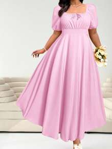 Solflare 大码女式黄色短袖休闲系带束腰优雅度假装，适合春夏、夏季、夏季穿着，也可作婚礼宾客连衣裙或束腰连衣裙。 - 粉色 - 查看 7