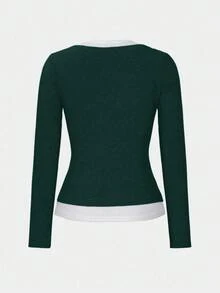 Zavorell 复古撞色长袖T恤休闲修身上衣欧美风秋季 - 墨綠色 - 查看 8