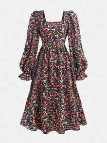 SHEIN 青少年女童连衣裙长袖碎花长袖连衣裙，适合度假、郊游和聚会，适合秋冬季穿着。 - 黑色 - 查看 2