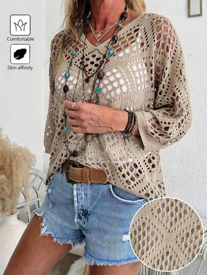 Calvaya Ladies" Solid Color Hollow Out Fashion Sweater Knit Pullover Fall Winter Outfit