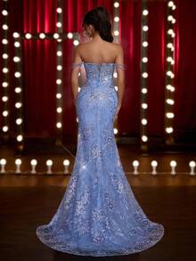 Glamrae Elegantes, luxuriöses, besticktes, Off-Shoulder Meerjungfrauenkleid mit Pailletten, Kunstperlenkette und Schleppe, geeignet für Hochzeiten, Veranstaltungen, Partys, Abschlussfeiern, Galas (strapazierfähig)