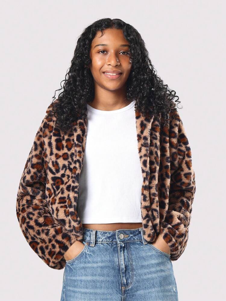 Leopard Print Faux Fur Crop Jacket With Plush Texture