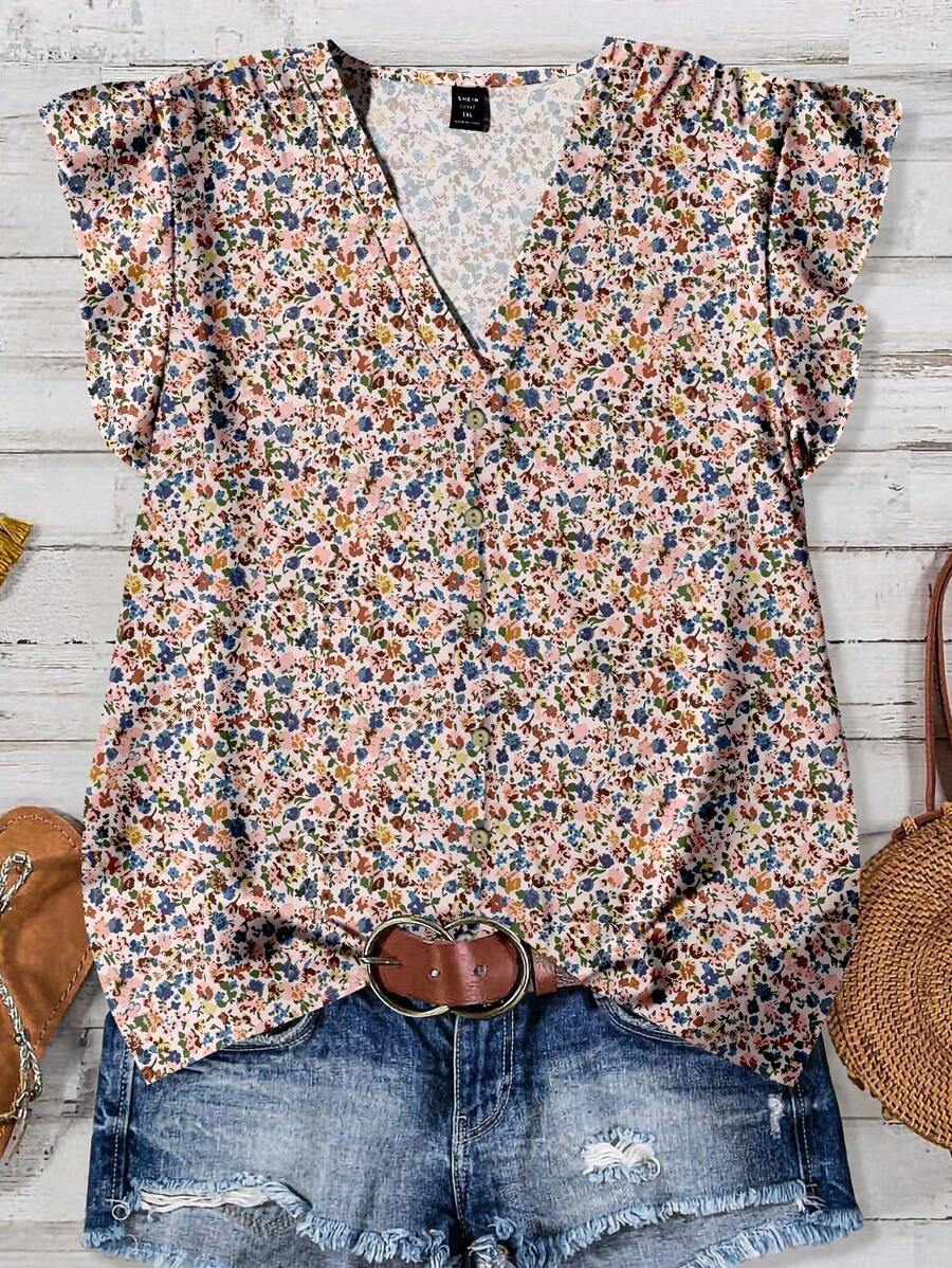 SHEIN Clasi 大码女式休闲碎花简约衬衫，适合夏季 - 白色 - 查看 1