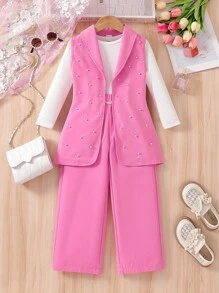 3 件女童套装：白色长袖圆领 T 恤 + 串珠粉色背心 + 宽松松紧腰阔腿裤，适合日常、通勤、休闲装、返校季、所有季节 - 粉色 - 查看 6