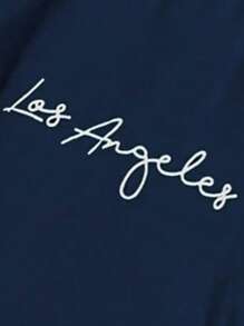 GraphicGems 2件套男婴休闲时尚创意字母标语印花短袖T恤和短裤套装，蓝色男婴街头风，洛杉矶男婴服装，海军蓝男婴套装，深蓝色男婴套装，洛杉矶男婴套装 - 藏蓝色 - 查看 5