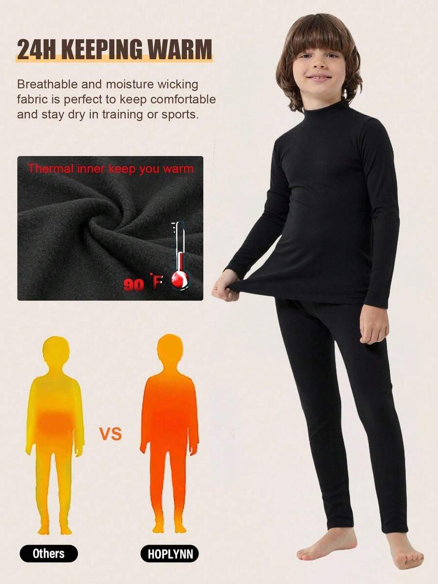 SHEIN 2 Pieces Tween Boy Casual Solid Color Warm Middle Collar Long Sleeve Shirt And Long Pants Underwear Set Suitable For Home Base Warm Clothes For Autumn And Winter