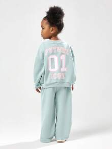 SUMWON Kids Future Icon Sweatshirt And Wide Leg Pants Set Mint Green Pastel Cozy Wear Two Piece Streetwear Outfit Matching Coordinates Winter Holiday - Green - View 1